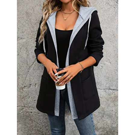 Lucky Life Lucky Life Kadın Uzun Kollu Kapşonlu çift Renkli şardonlu Iki Iplik Ceket