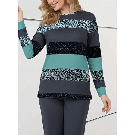 Lucky Life Kadın Uzun Kollu Bisiklet Yaka çizgili Desen Iki Iplik Bluz Ve Pantolon Ikili Takım