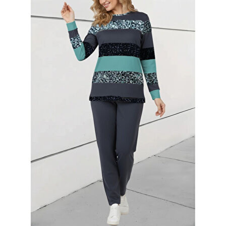 Lucky Life Kadın Uzun Kollu Bisiklet Yaka çizgili Desen Iki Iplik Bluz Ve Pantolon Ikili Takım