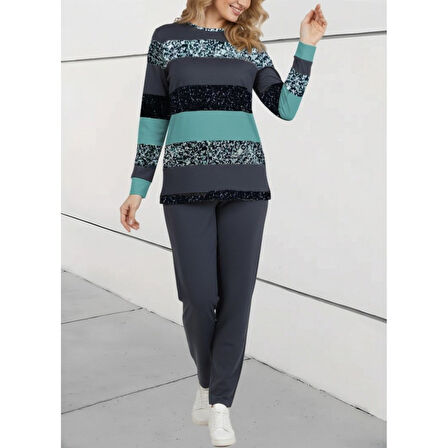 Lucky Life Kadın Uzun Kollu Bisiklet Yaka çizgili Desen Iki Iplik Bluz Ve Pantolon Ikili Takım