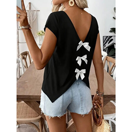 Lucky Life Kadın Kısa Kollu V Yakalı Arkadan Kurdele Detaylı Viskon Bluz