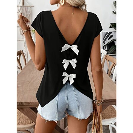 Lucky Life Kadın Kısa Kollu V Yakalı Arkadan Kurdele Detaylı Viskon Bluz