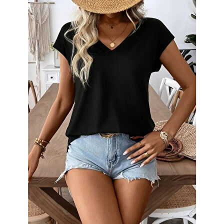 Lucky Life Kadın Kısa Kollu V Yakalı Arkadan Kurdele Detaylı Viskon Bluz