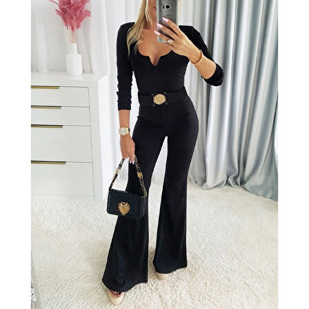 Lucky Life Kadın Uzun Kollu Yakası Açık Kemerli Uzun Modal Tulum