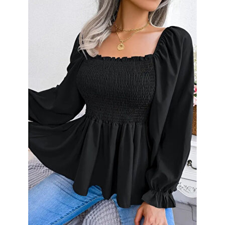 Lucky Life Kadın Uzun Kollu Geometrik Yakalı Gipe Detaylı Krep Bluz