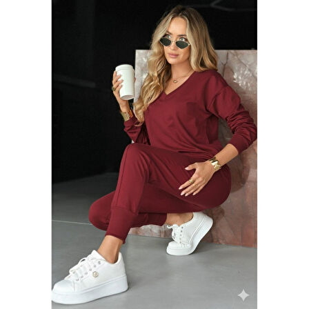 Lucky Life Kadın Uzun Kollu V Yakalı Viskon Iki Iplik Bluz Ve Pantolon Ikili Takım