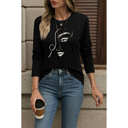 Lucky Life Kadın Uzun Kollu Bisiklet Yaka Yüz Desenli Viskon Bluz