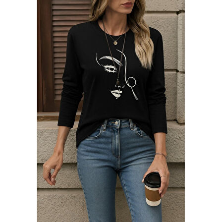 Lucky Life Kadın Uzun Kollu Bisiklet Yaka Yüz Desenli Viskon Bluz