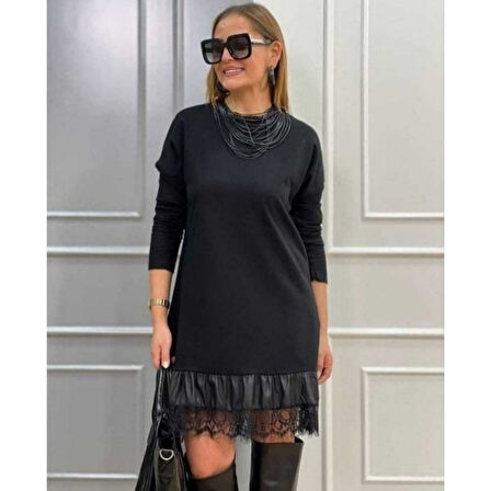 Lucky Life Kadın Uzun Kollu Bisiklet Yaka Etek Ucu Deri Dantelli Viskon Iki Iplik Midi Elbise