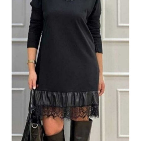 Lucky Life Kadın Uzun Kollu Bisiklet Yaka Etek Ucu Deri Dantelli Viskon Iki Iplik Midi Elbise