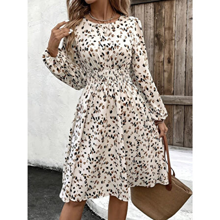 Lucky Life Lucky Life Kadın Uzun Kollu Bot Yaka Beli Lastikli Midi Süprem Elbise