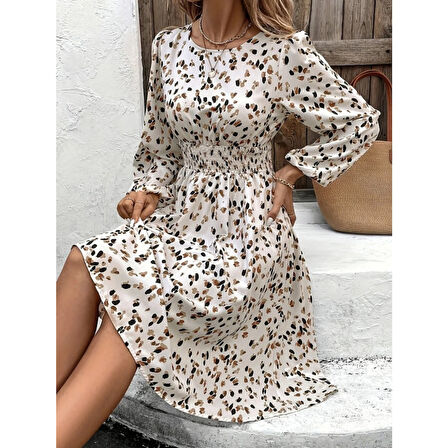 Lucky Life Lucky Life Kadın Uzun Kollu Bot Yaka Beli Lastikli Midi Süprem Elbise