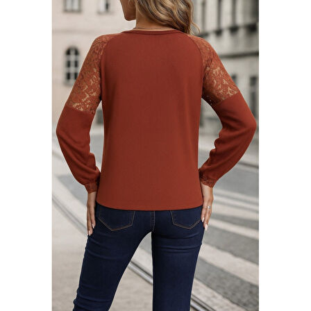 Lucky Life Kadın Uzun Kollu V Yakalı Dantelli Waffle Bluz