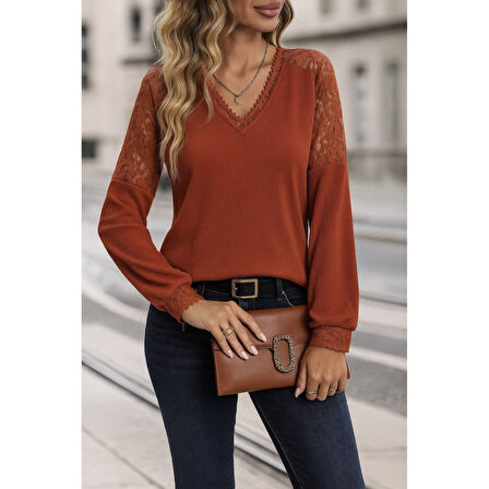 Lucky Life Kadın Uzun Kollu V Yakalı Dantelli Waffle Bluz