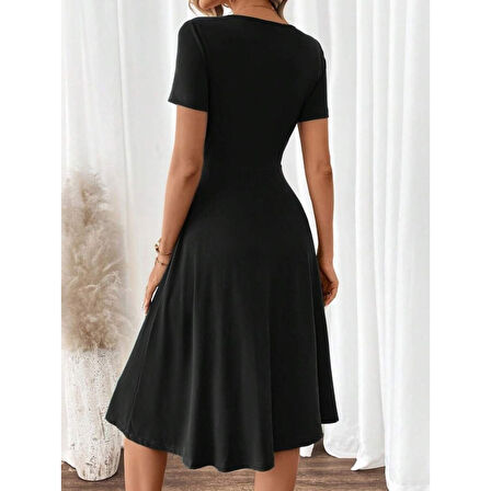 Lucky Life Kadın Kısa Kollu V Yakalı önden Düğmeli A Kesim Dokuma Elbise