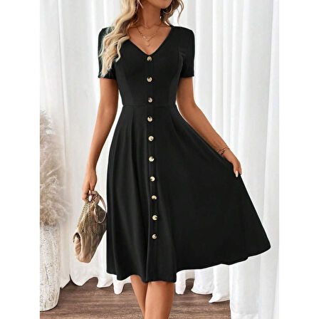 Lucky Life Kadın Kısa Kollu V Yakalı önden Düğmeli A Kesim Dokuma Elbise