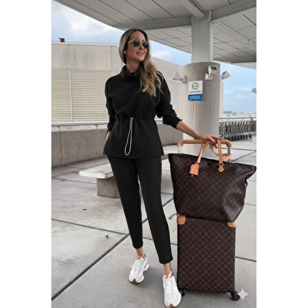 Lucky Life Kadın Uzun Kollu Balıkçı Yaka Belden Lastikli Modal Bluz Ve Pantolon Ikili Takım