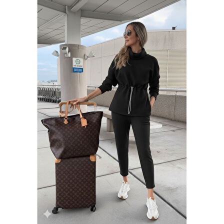 Lucky Life Kadın Uzun Kollu Balıkçı Yaka Belden Lastikli Modal Bluz Ve Pantolon Ikili Takım