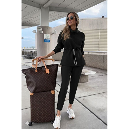 Lucky Life Kadın Uzun Kollu Balıkçı Yaka Belden Lastikli Modal Bluz Ve Pantolon Ikili Takım