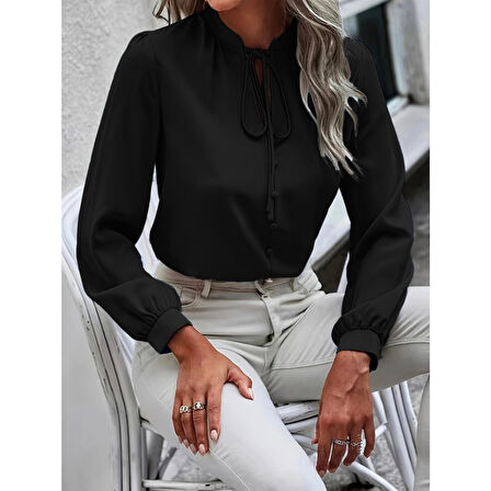 Lucky Life Kadın Uzun Kollu Yakalı Yakadan Bağcıklı Düğmeli Sandy Bluz