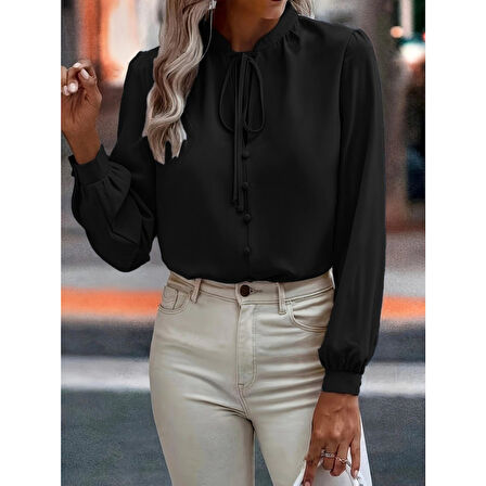 Lucky Life Kadın Uzun Kollu Yakalı Yakadan Bağcıklı Düğmeli Sandy Bluz