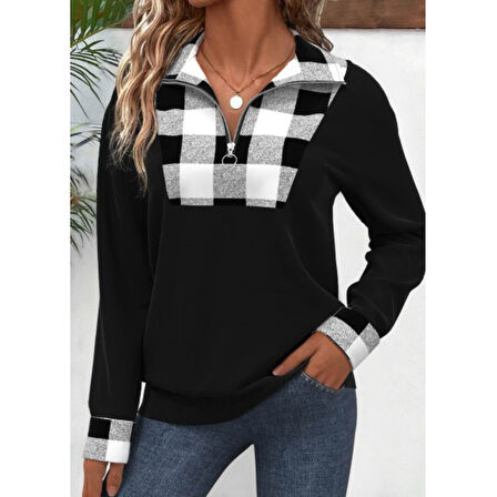 Lucky Life Kadın Uzun Kollu Yakalı önden Fermuarlı Ekose Detaylı Viskon Iki Iplik Bluz