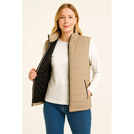 Lucky Life Kadın Şişme FermuarlıYelek Su Itici Kapitone Astarlı Kumaş Cepli Hafif Kışlık Spor Rahat Kalıp - Bej