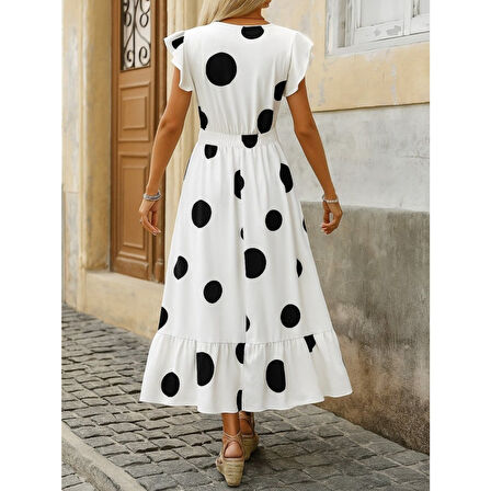 Lucky Life Kadın Kısa Kollu Kruvaze Yakalı Fırfırlı Süprem Elbise