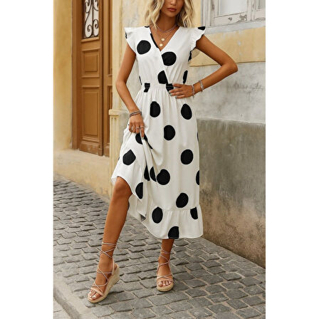 Lucky Life Kadın Kısa Kollu Kruvaze Yakalı Fırfırlı Süprem Elbise