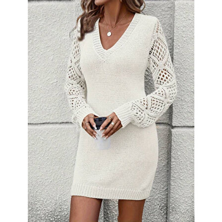 Lucky Life Kadın Uzun Kollu V Yakalı Mini Triko Elbise