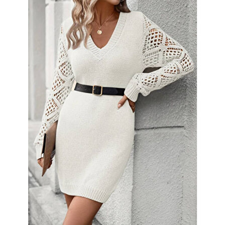 Lucky Life Kadın Uzun Kollu V Yakalı Mini Triko Elbise