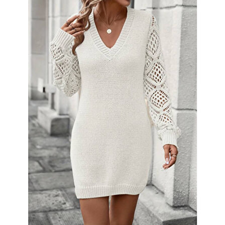 Lucky Life Kadın Uzun Kollu V Yakalı Mini Triko Elbise