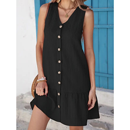 Lucky Life Kadın Kolsuz V Yakalı önden Düğmeli Fırfırlı Narin Elbise