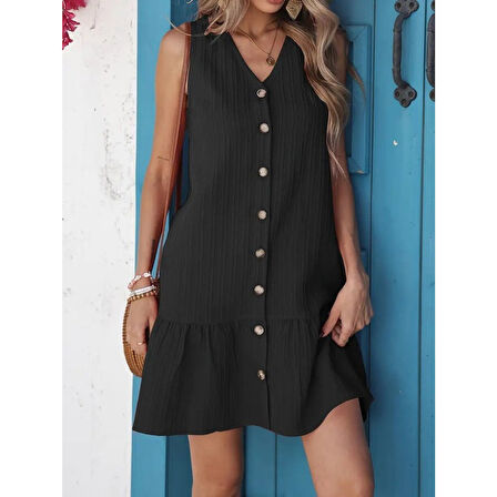 Lucky Life Kadın Kolsuz V Yakalı önden Düğmeli Fırfırlı Narin Elbise