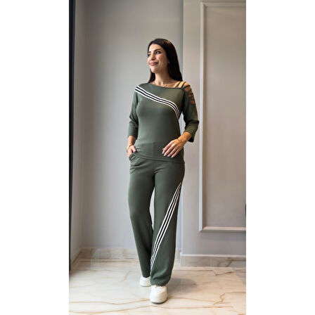 Lucky Life Kadın Uzun Kollu Truvakar Kol Tek Omuz çapraz şerit Detaylı Ribanalı Viskon Iki Iplik Bluz Ve Pantolon Ikili Takım