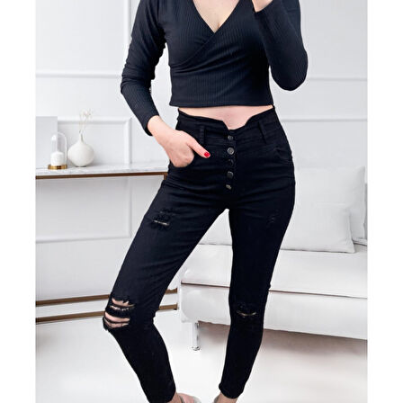 Lucky Life Kadın 5 Düğmeli V Detay Bel Yırtık Kot