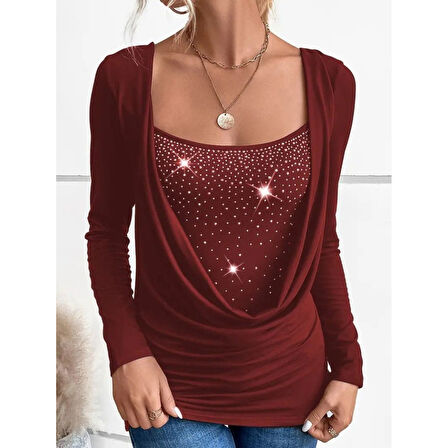 Lucky Life Kadın Uzun Kollu Derin Degaje Yakalı Taşlı Sandy Bluz