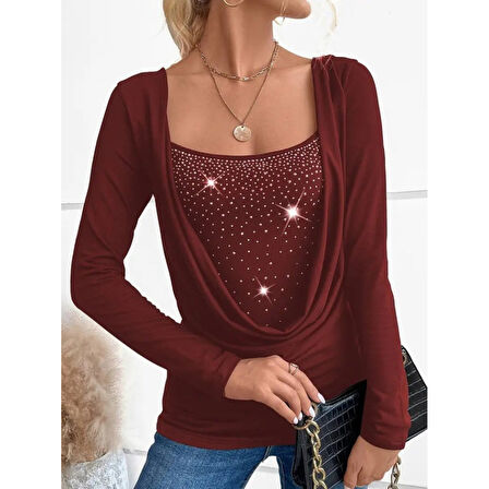 Lucky Life Kadın Uzun Kollu Derin Degaje Yakalı Taşlı Sandy Bluz