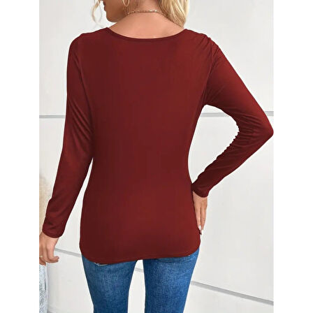 Lucky Life Kadın Uzun Kollu Derin Degaje Yakalı Taşlı Sandy Bluz