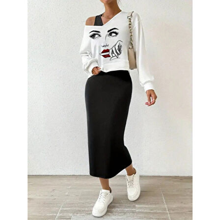 Lucky Life Kadın Askılı Yuvarlak Yaka Viskon Iki Iplik Elbise Ve V Yakalı Bluz Ikili Takım