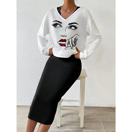 Lucky Life Kadın Askılı Yuvarlak Yaka Viskon Iki Iplik Elbise Ve V Yakalı Bluz Ikili Takım