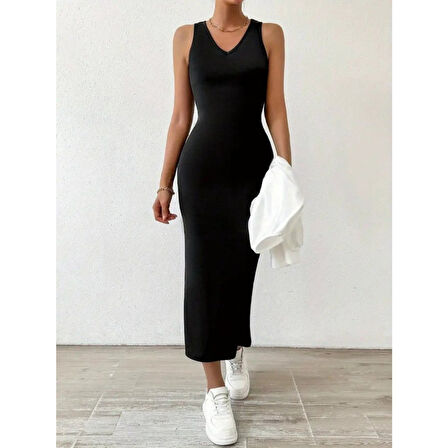 Lucky Life Kadın Askılı Yuvarlak Yaka Viskon Iki Iplik Elbise Ve V Yakalı Bluz Ikili Takım