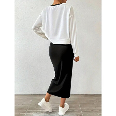 Lucky Life Kadın Askılı Yuvarlak Yaka Viskon Iki Iplik Elbise Ve V Yakalı Bluz Ikili Takım