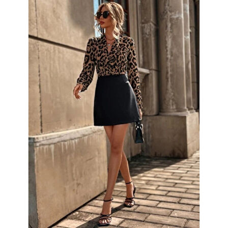 Lucky Life Kadın Uzun Kollu Kruvaze Yakalı üst Dalgıç Alt Ithal Krep Mini Elbise