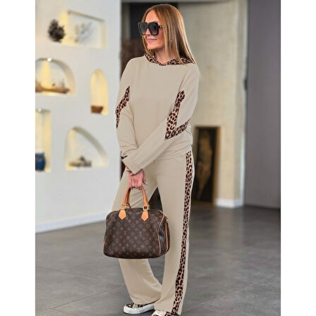 Lucky Life Kadın Uzun Kollu Leopar Detaylı Viskon Iki Iplik Eşofman Takımı