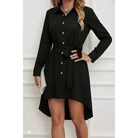 Lucky Life Kadın Uzun Kollu ön Kısım Kısım Arka Kısım Uzun Trikoton Gömlek Elbise