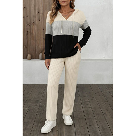 Lucky Life Kadın Uzun Kollu Kapşonlu Bağcıklı Blok Renkli şardonlu Kaşkorse Bluz Ve Pantolon Ikili Takım