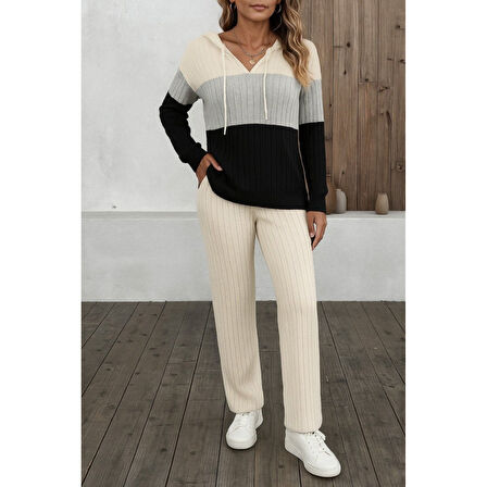 Lucky Life Kadın Uzun Kollu Kapşonlu Bağcıklı Blok Renkli şardonlu Kaşkorse Bluz Ve Pantolon Ikili Takım