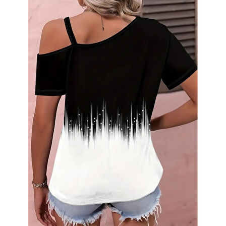 Lucky Life Kadın Tek Omuzdan Açık Askı Detaylı Desenli Süprem Bluz