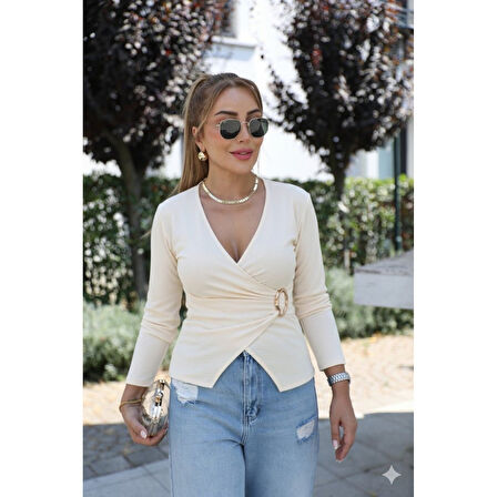 Lucky Life Kadın Uzun Kollu Kruvaze Yakalı Toka Detaylı Viskon Bluz